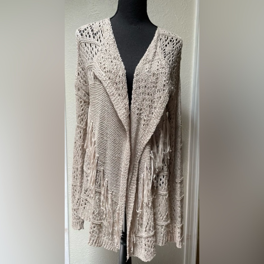 Love Riche Women's Light Brown Beige Crochet Open Long Cardigan Size Small